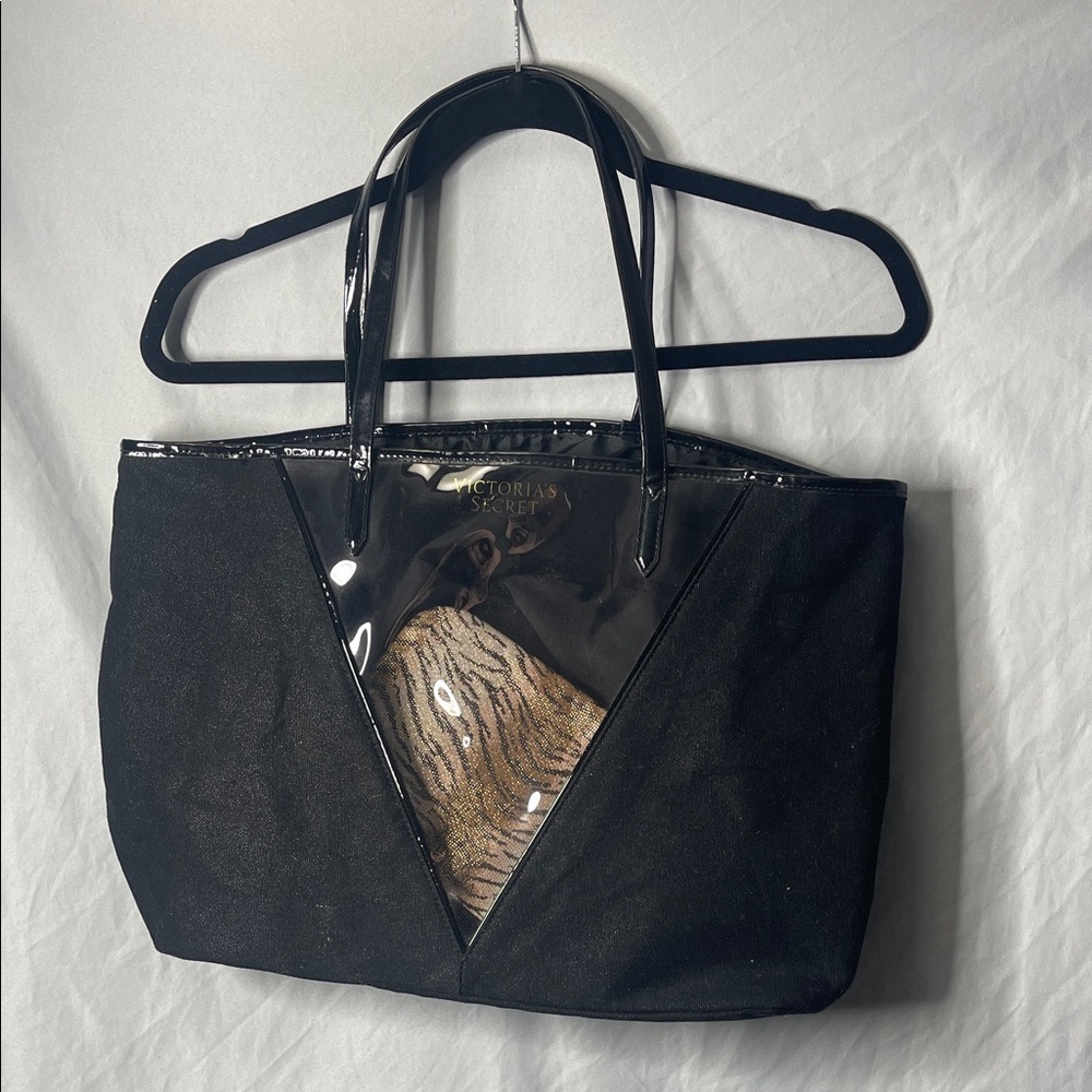 Victoria's Secret Black Tote with Cheetah Print Little Bag Attached Inside